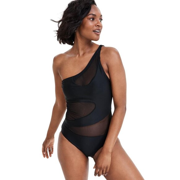 NWT Bar III Womens One-Shoulder Mesh Cutout Swimsuit MBNB24232 Black S - Picture 1 of 6